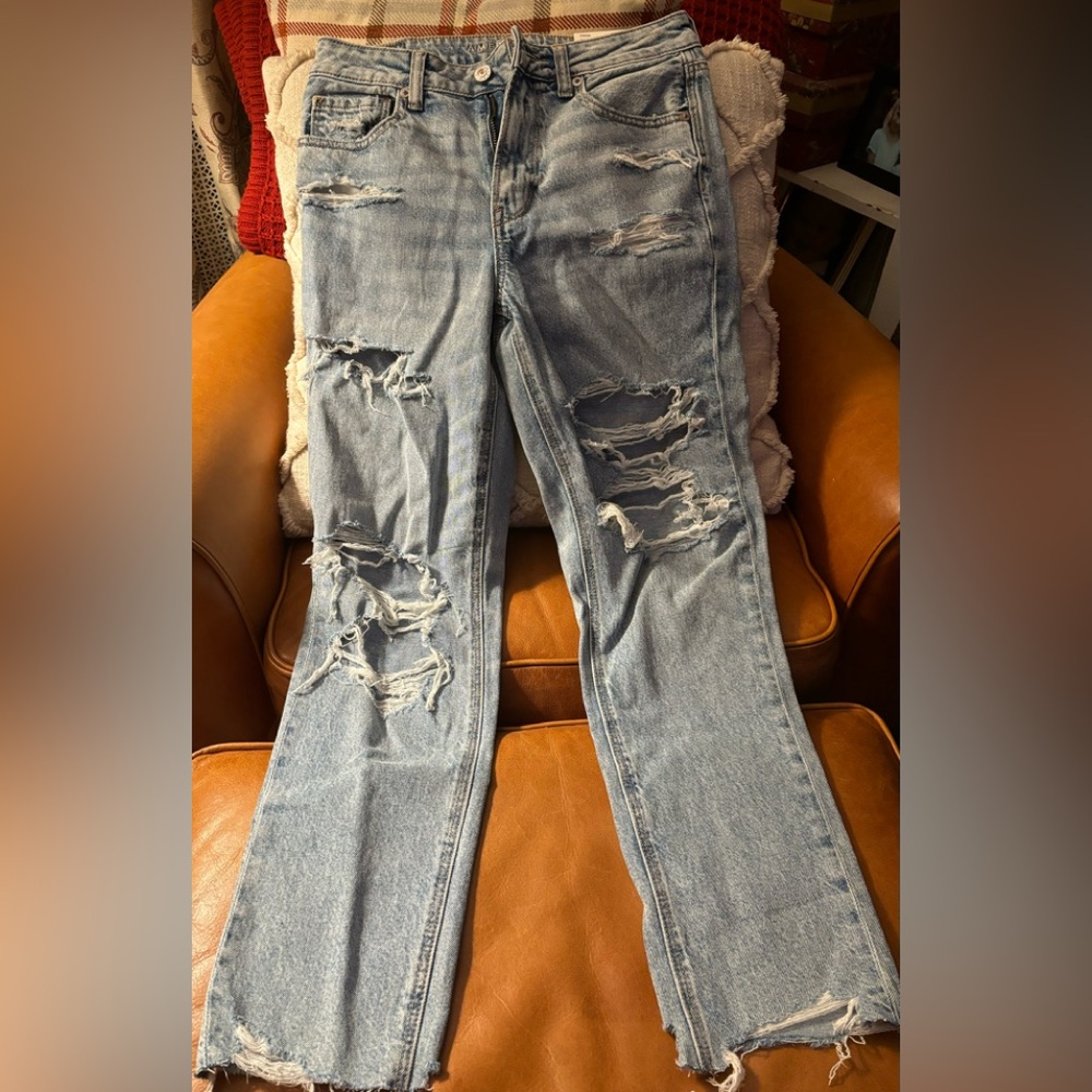 American Eagle Outfitters Ripped Light Blue Straight Leg Jeans